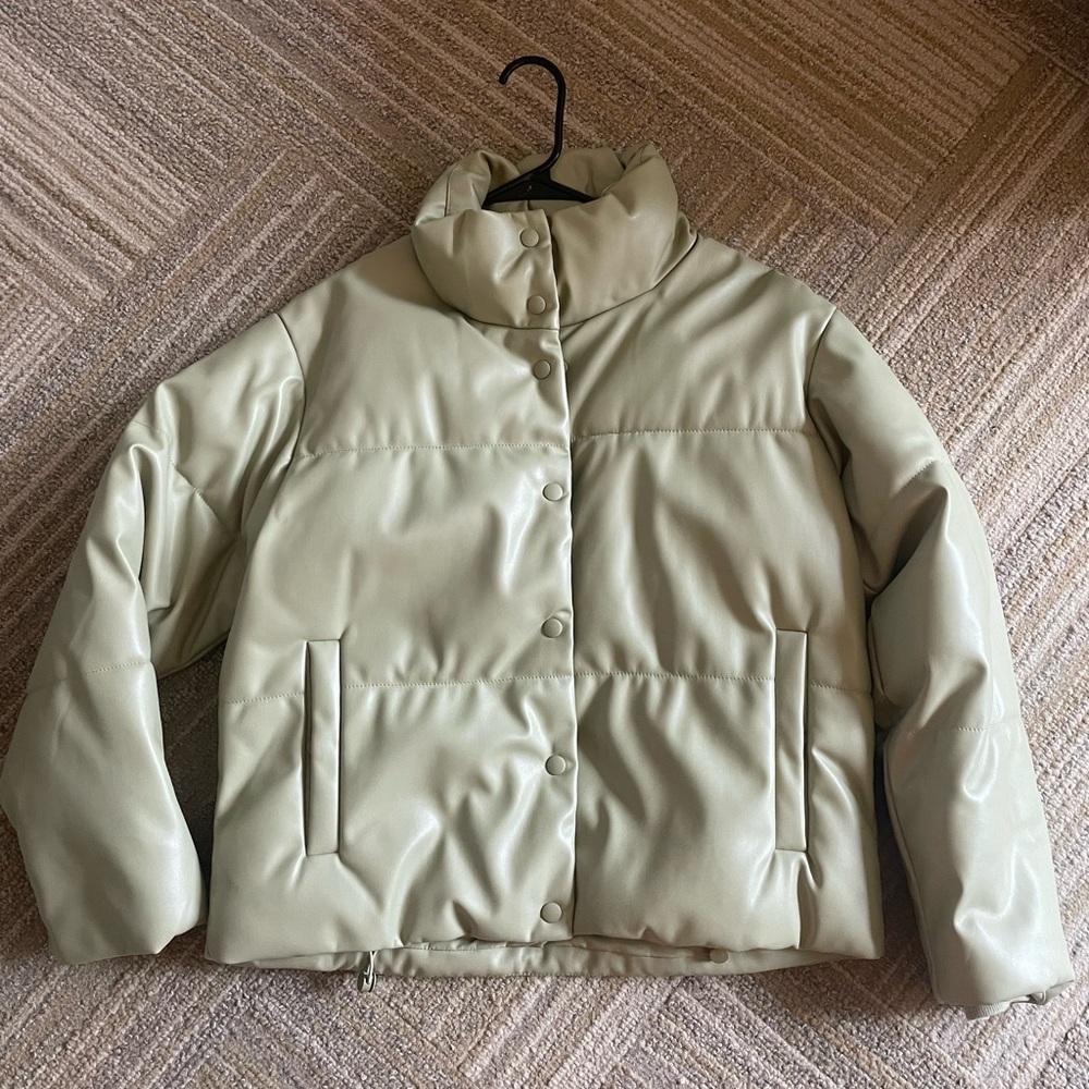 Sage green faux leather padded jacket, size S